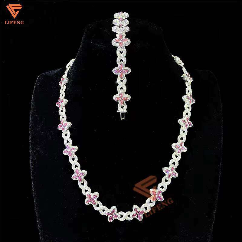 Custom Hip Hop Jewelry 14mm White Gold Sterling Sier Pink Moissanite Dia Four Leaf Clover Infinity Link Bracelet