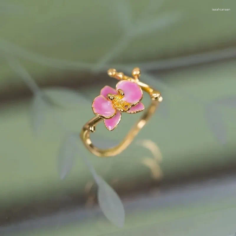 Cluster Rings Fashion Vintage Pink Enamel Flower For Woman Adjustable Retro Female Jewelry Luxury Charm Gift Engagement