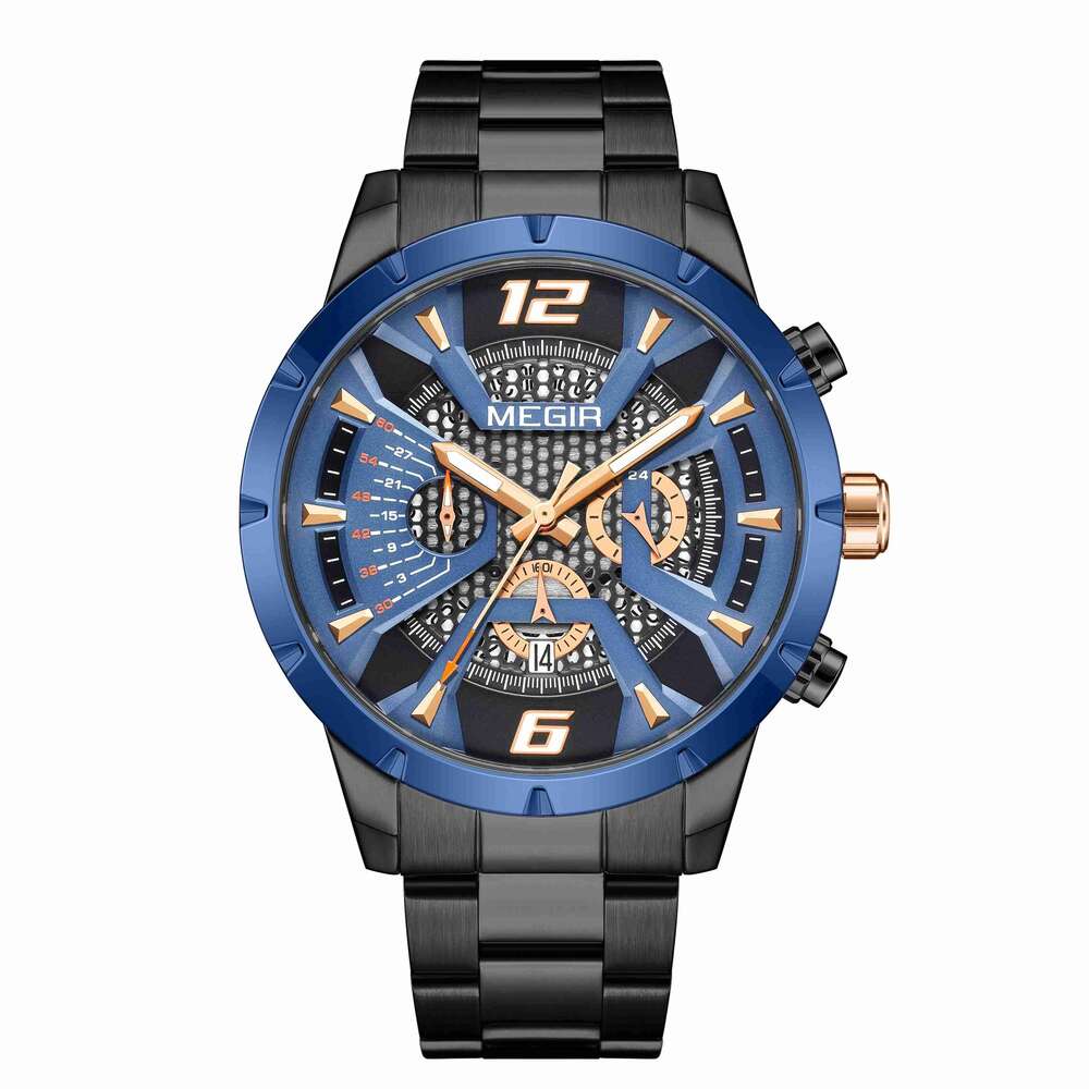 DHgargets MEGIR 2221G Men's Skeleton Chronograph Watch - 47mm Stainless Steel, Waterproof, Luminous, Date, Business Quartz Watch