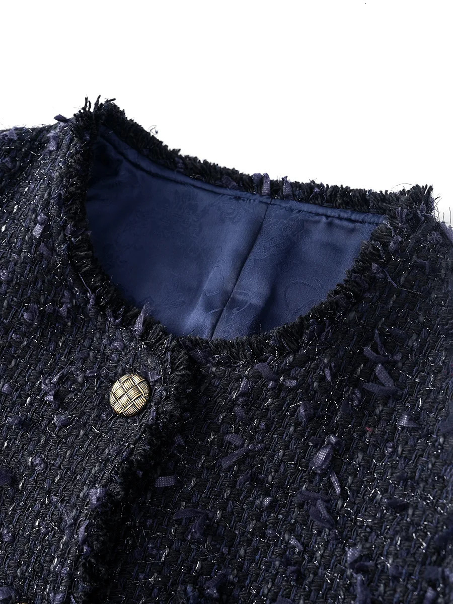 ZJYT Autumn Vintage Blue Tweed Woolen Jacket for Women Womens Clothing Winter Coat Elegant Short Outerwear Jacket 250728