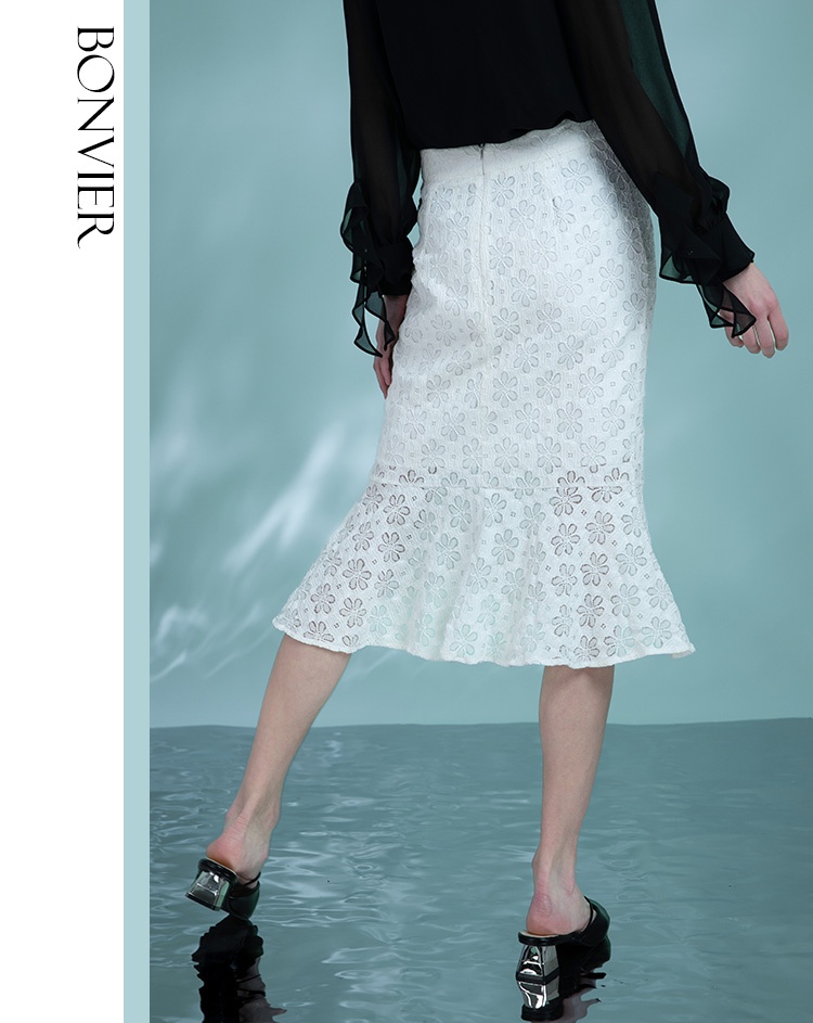 Women's White Lace Cocktail Skirts Wedding Guest 2025 Spring Ruffles Hem Little Mermaid Skirt Office Lady Wear 6111038