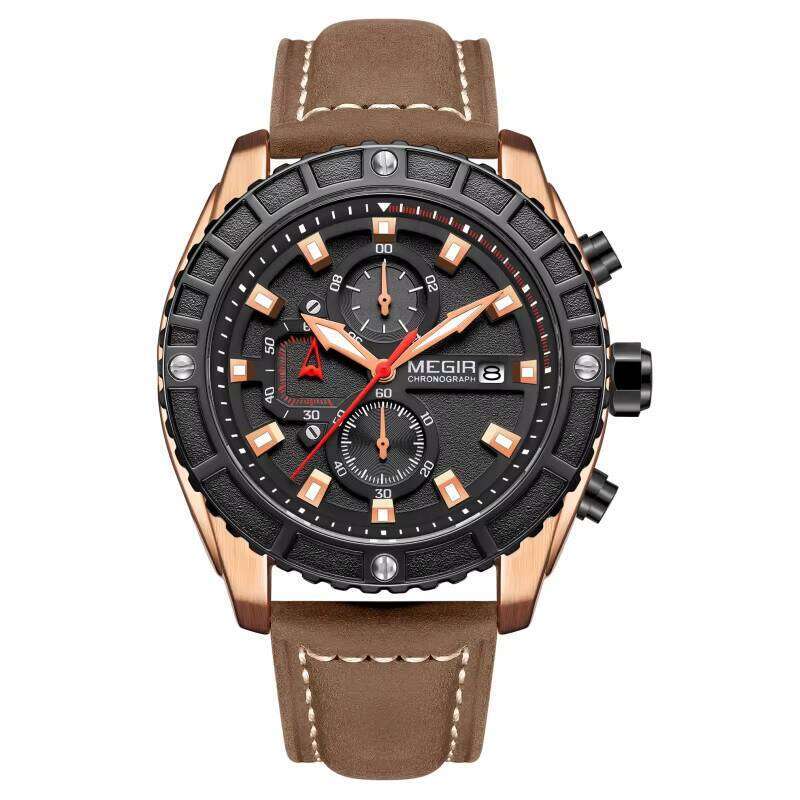 MEGIR Men's 3D Dial Chronograph Quartz Watch - 47mm Genuine Leather, Waterproof - Fashion Sports Style