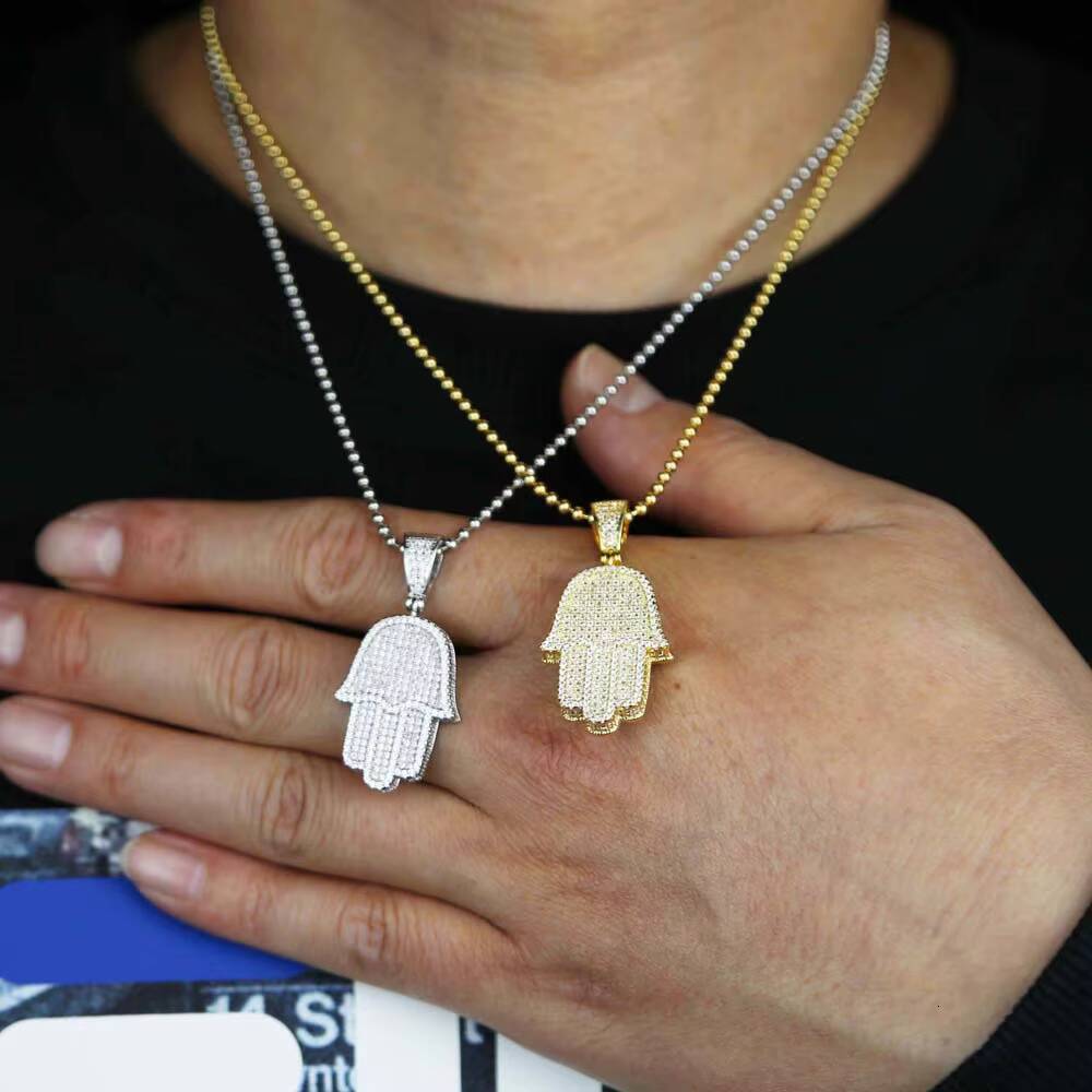 Wholesale Micro Pave Cz Iced Out Bling Men Jewelry Full Cz Paved Hip Hop Men Hamsa Hand Pendant Necklace