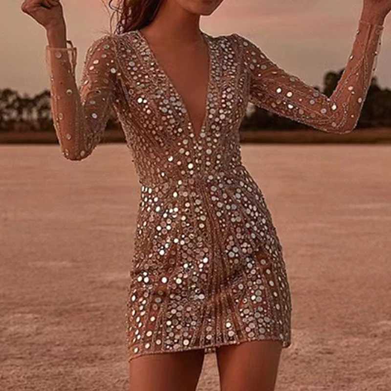 Sexy Deep V Neck Long Sleeve Shiny Dress Elegant Sequins Womens Evening Party Dresses Chic Solid Color Glitter Wrap Hips Dress Z250728