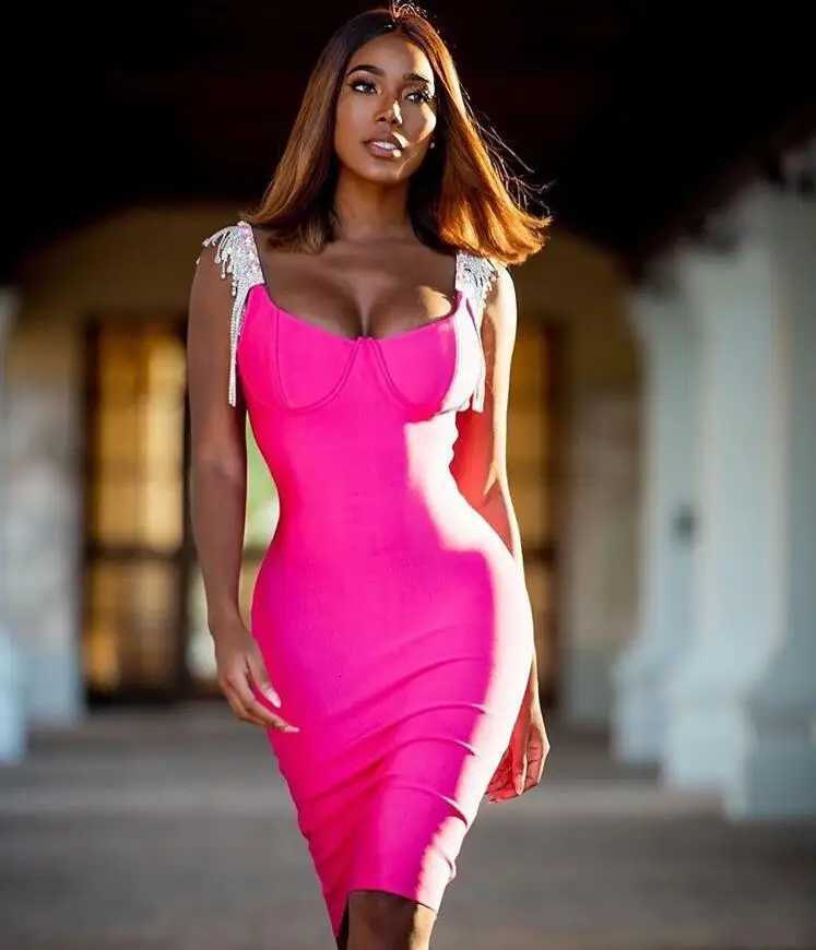 Sexy V Neck Sparkly Tassel Rose Red Black Bodycon Bandage Dress 2023 Women Stretchy Club Evening Party Club Dress Z250728