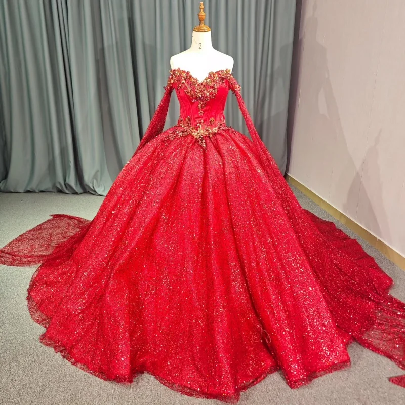 Red Shiny Princess Quinceanera Dresses Appliqued Lace Beading Crystal With Cape Tull Sweet 16 Dress Sweetheart Ball Gown Vestidos 15 Anos
