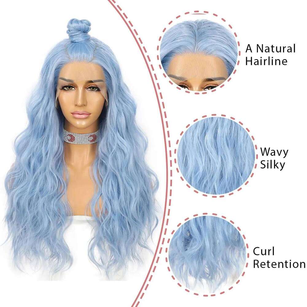 Wavy Lace Front Long Curly Ice Blue Wigs For Women Synthetic Heat Human Hair Daily Cosplay Wig