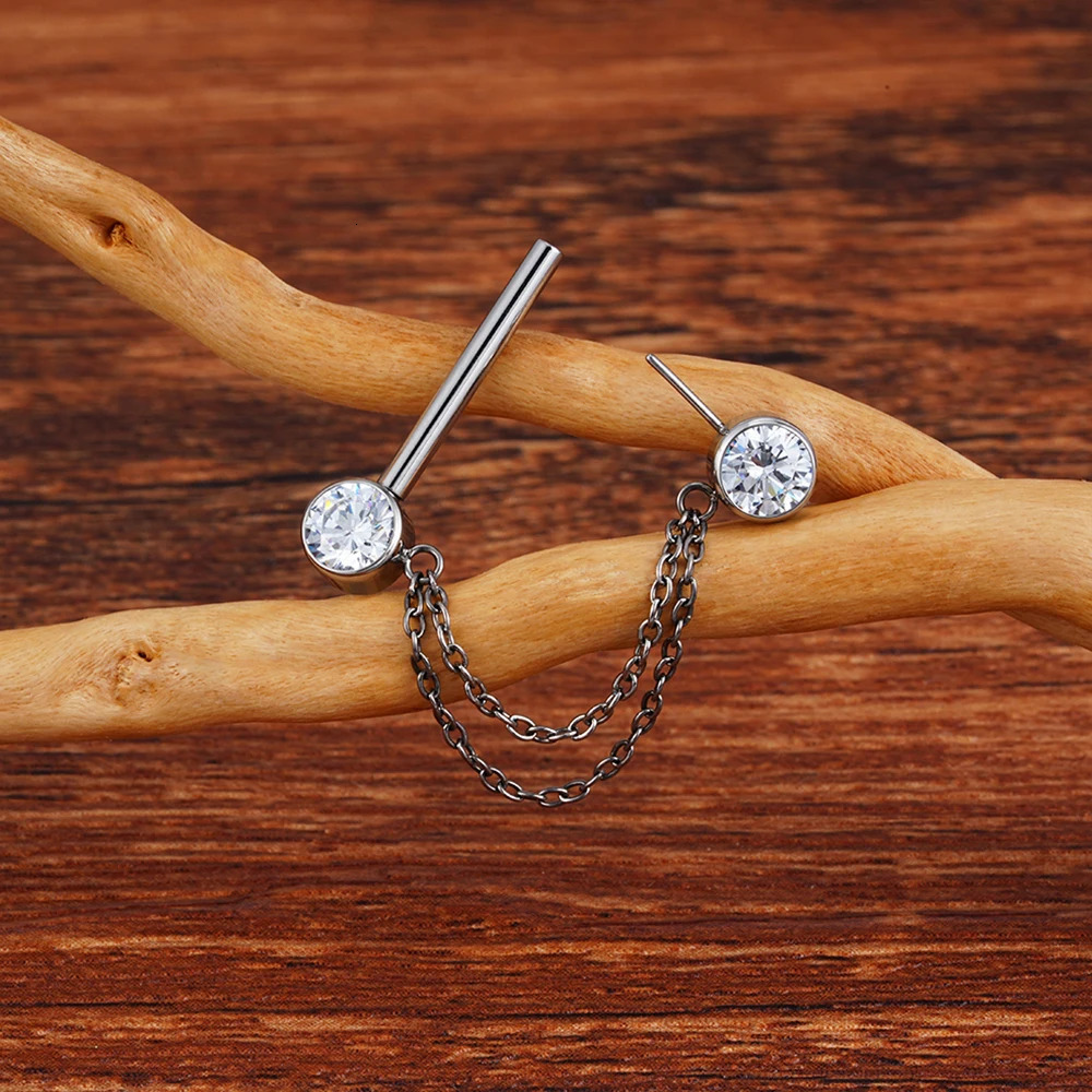 Right Grand ASTM 36 Double Chain Dangle Sparkle CZ Threadless Nipple Ring 14 Gauge Barbell Piercing 250722