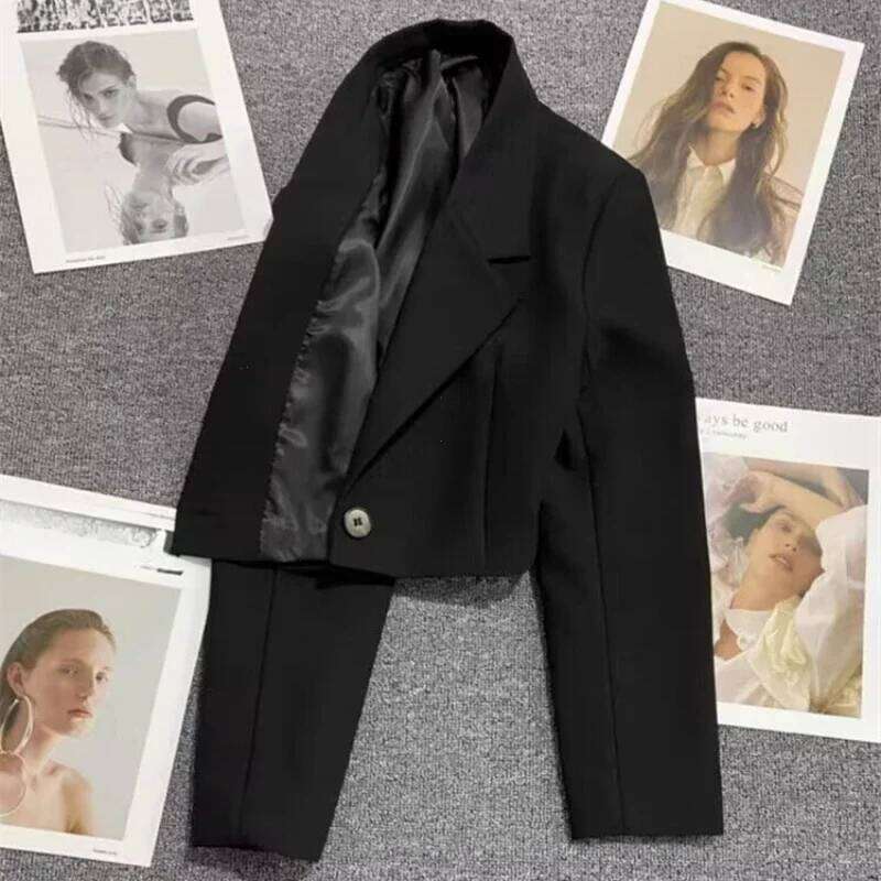 Black Cropped Blazers Woman Trend 2025 New All-Match Notched Collar Crop Jacket Women Korean Chic Single Button Suit Coat