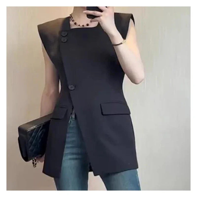 French Black Suit Vest Summer Style Young n Split Sleeveless Top Female Cardigan Outerwear 250709