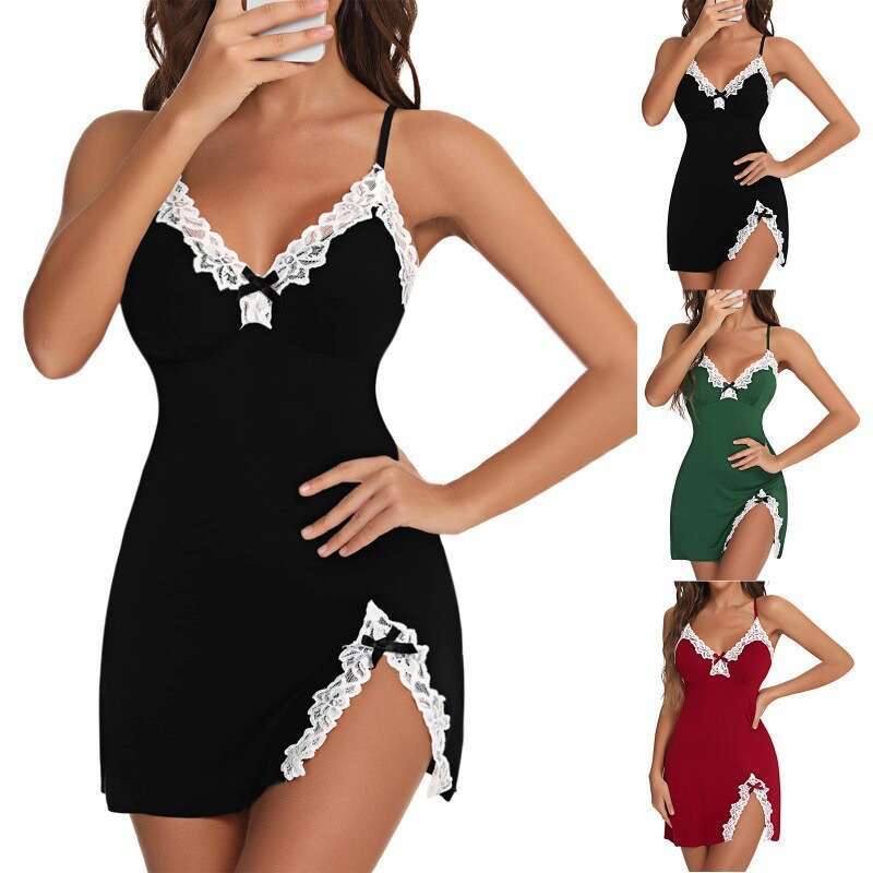 Sexy lace patchwork camisole nightgown, deep V seduction sleepwear, home fun slit short skirt, comfortable skin friendly and close fitting women'