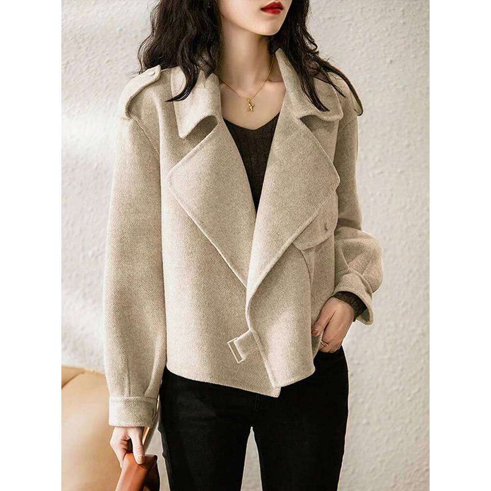 Popular Woman Bomber Coat Autumn Winter Warm Belt Design Woolen Jacket For Women Solid Khaki Elegant New In Outerwears