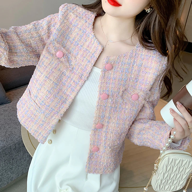 Women Pink Tweed Jacket Elegant Buttons Up Cardigan Coat Female Long Sleeve Tassel Office Outerwear Autumn Winter Chic Overcoat 250728