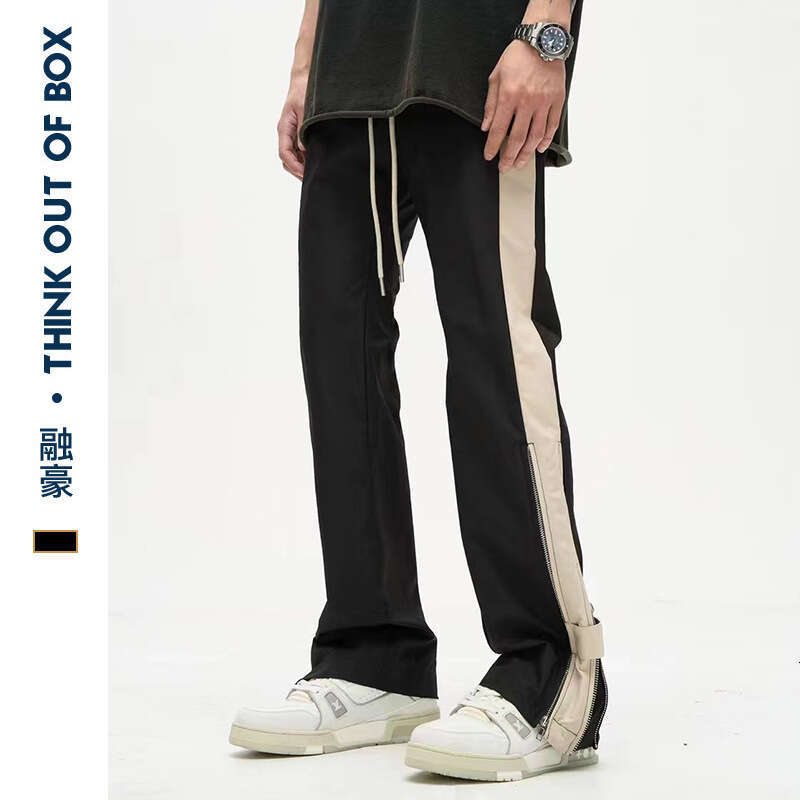 American Style Vibe Striped Patchwork Double Zipper Casual Long Men's High Street Design Versatile Straight Pants B5