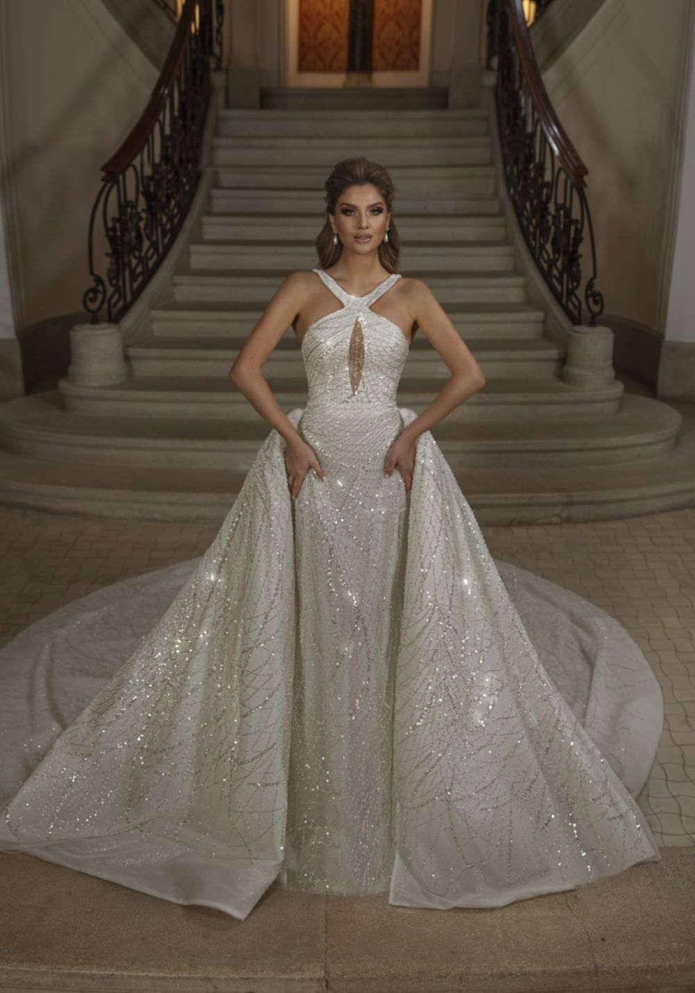 Luxury A Line Women Wedding Dress Spaghetti Strapless Bridal Gowns Sequins Detachable Train Dress Custom Made vestidos de novia