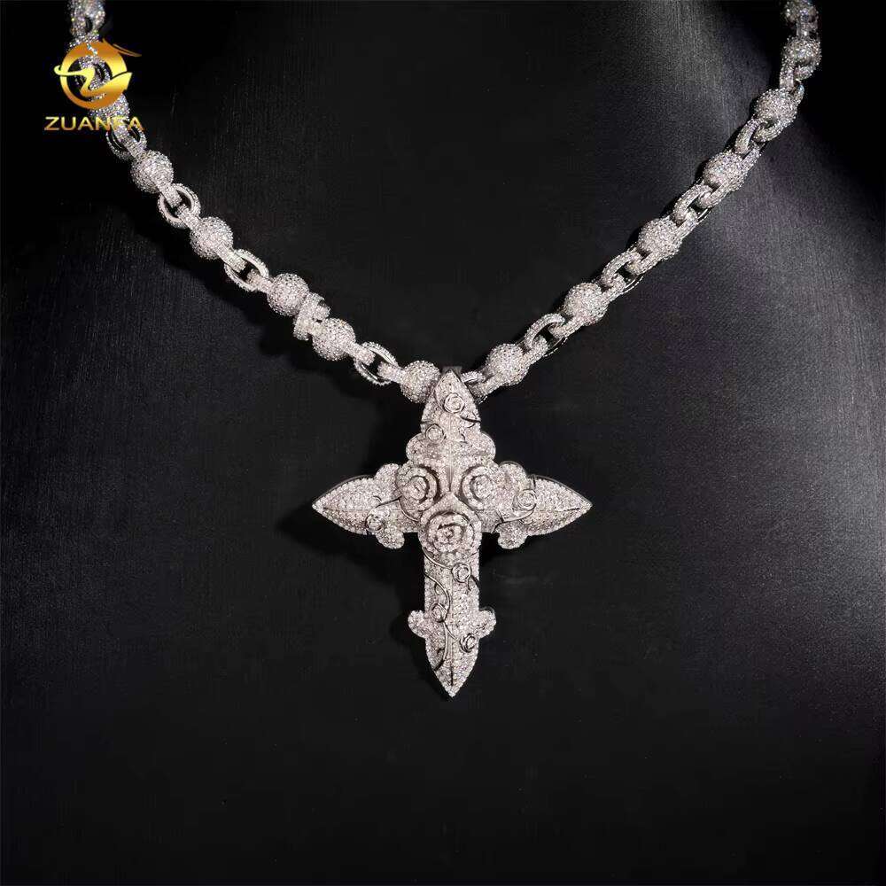 Hip-Hop Accessories Iced Out Cross Cuban Chain Sier Gray Stone Charm Pendant
