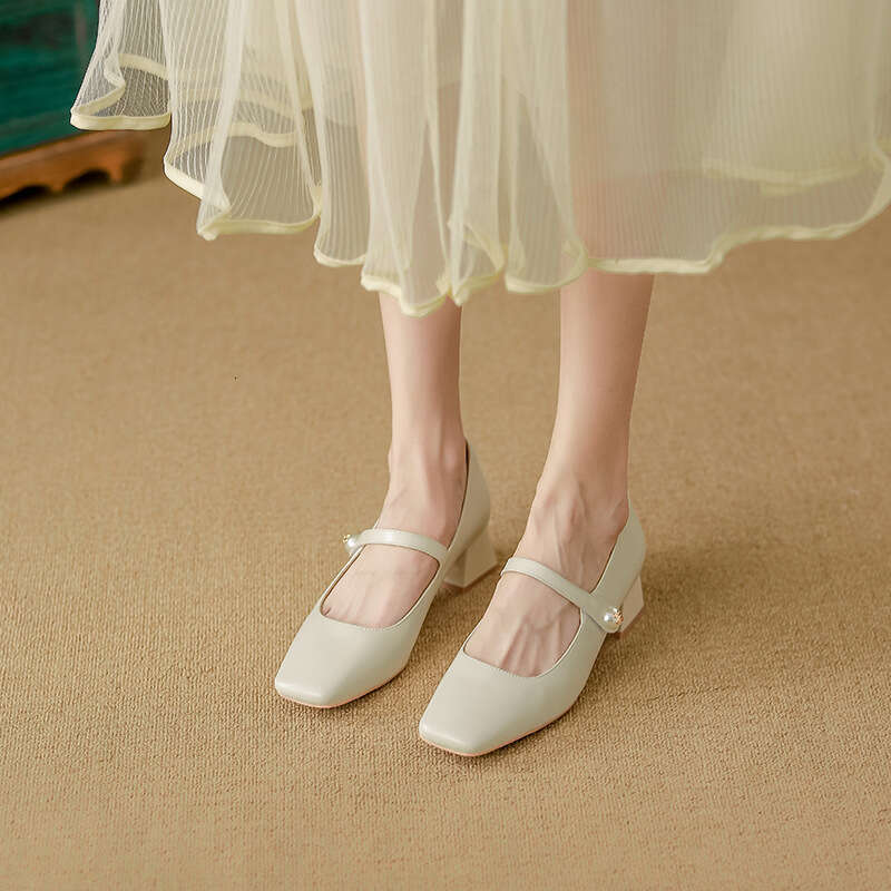 Sheepskin Mary Jane Genuine Leather Women's Comfortable Soft Sole Breathable Non-Suffocating Quality Single Shoes Elegant Square Toe High Heels