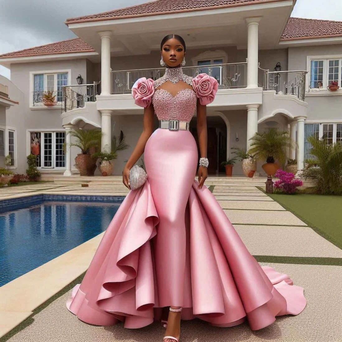 Elegant African Pink Evening Dresses With Detachable Train Sequins Beaded Flowers Short Sleeves Aso Ebi Reception Gown For Ladies 2025 Modern Prom Dre