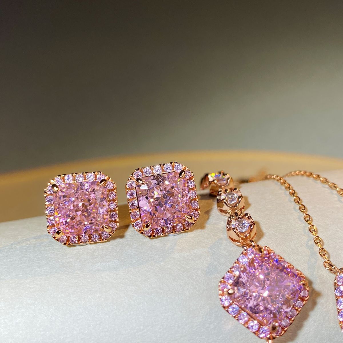 S Sterling Sier Set Pink Dia Champagne Gold Clavicle Chain Pendant Bracelet Necklace Ring Jewelry for Women