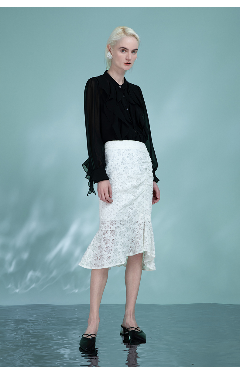 Women's White Lace Cocktail Skirts Wedding Guest 2025 Spring Ruffles Hem Little Mermaid Skirt Office Lady Wear 6111038