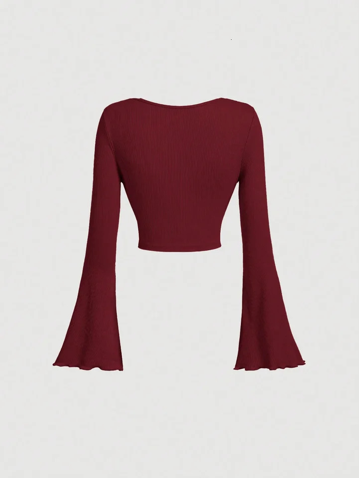 Womens Casual Slim Solid Color Large VNeck Short Flared Cuff Long Sleeve TShirt 250728