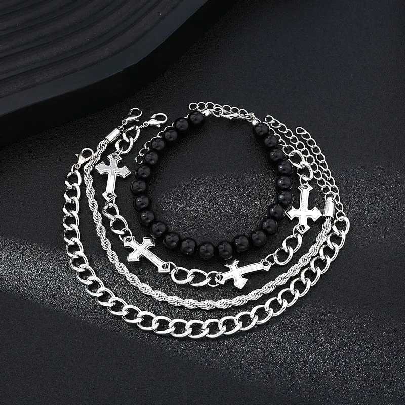 4 Pcs Stainless Steel Bracelet Set For Men Women Punk Fashion Cross Beads Chain Bracelets Simple Hip Hop Unisex Jewelry Gift New W250728