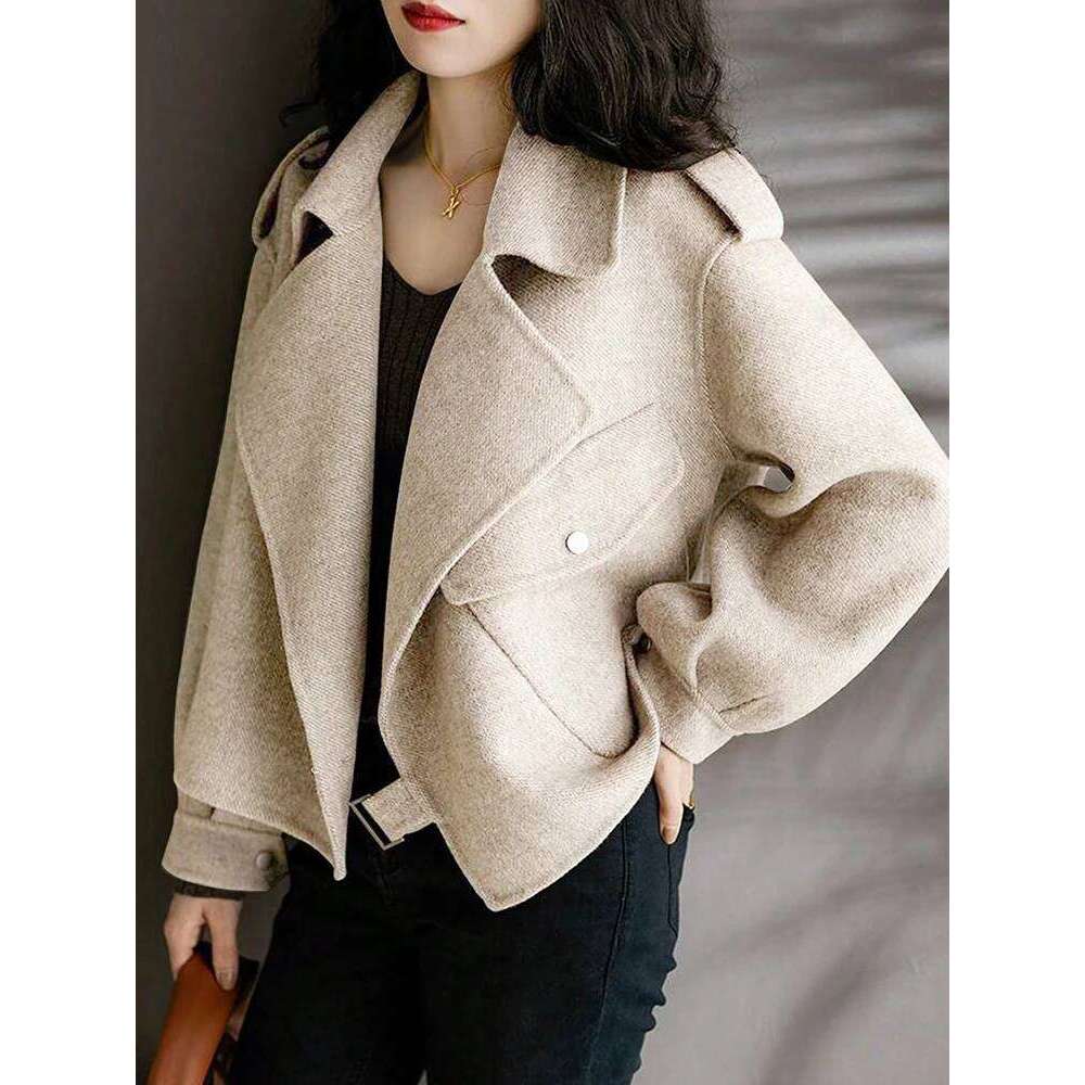 Popular Woman Bomber Coat Autumn Winter Warm Belt Design Woolen Jacket For Women Solid Khaki Elegant New In Outerwears