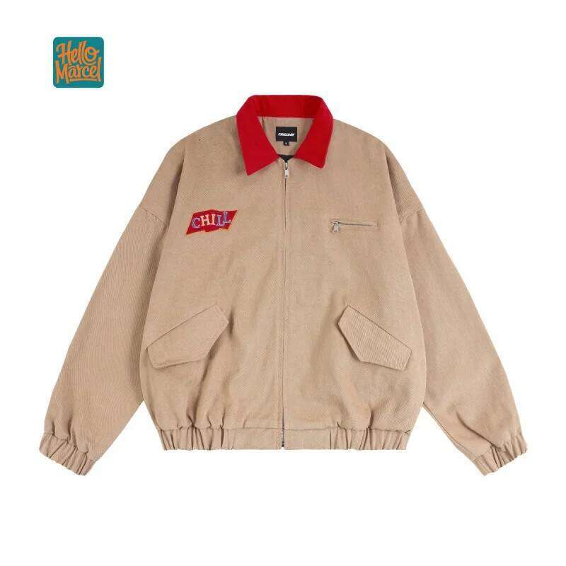 HELLOMARCEL Top Quality EU US Size Unisex Loose Fit Zipper Turn-down Collar Cotton Twill Work Jacket for Men and Women