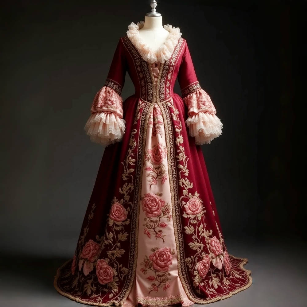Vintage Renaissance Prom Dresses Maroon And Pink Colored Evening Gown Francaise Rose Flowers Embroidery Masquerade Dress Long Sleeves Ruffles
