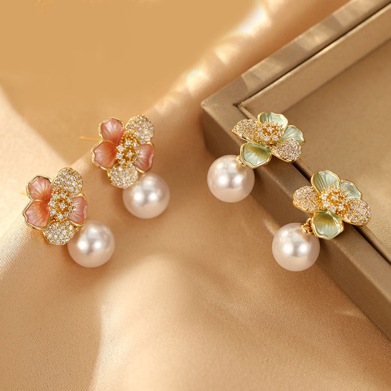 Elegant Design Ball Pearl Camellia Flower Drop Earrings for Women 14K Real Gold Plated Cubic Zirconia Pearl Charm Earrings Luxurious Fine Earrings Jew