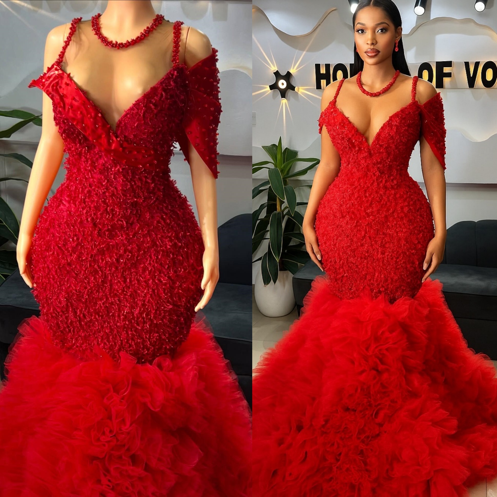 Red Mermaid Prom Dresses 2025 Beaded Sequined Tiers Tulle Sparkly Evening Formal Party Second Birthday Engagement Gowns Plus Size Dress For Special Oc