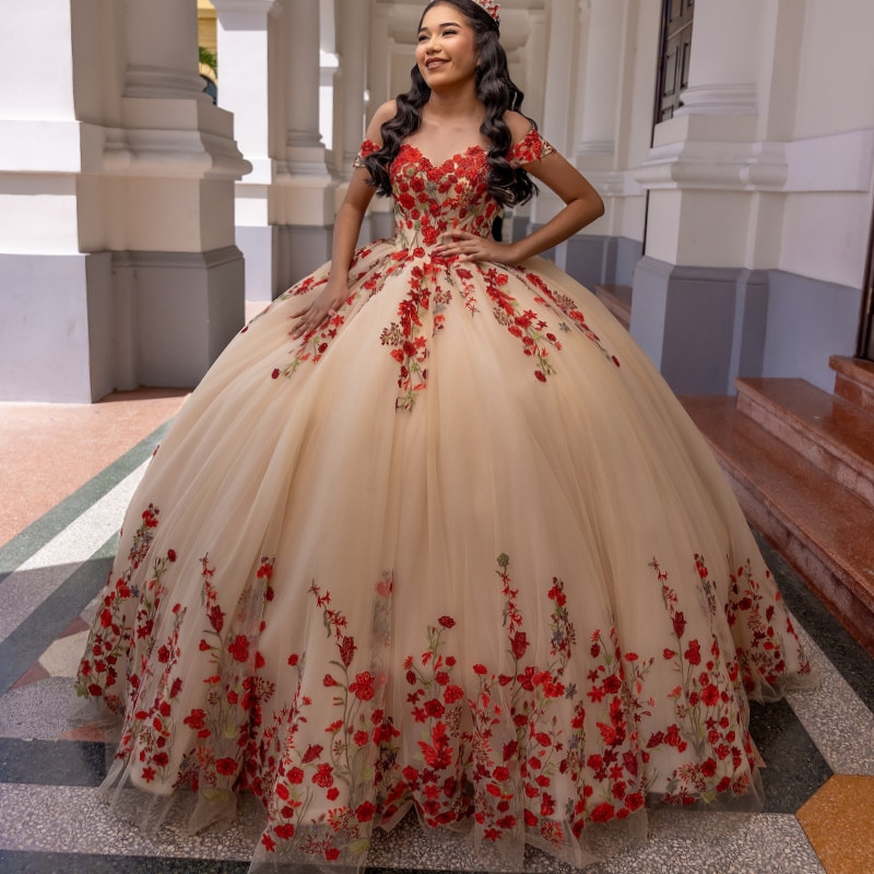 Champagne Quinceanera Dresses Ball Gown Off The Shoulder Applique Lace Tull Corset Party Birthday Sweet 16 Dress Vestidos 15 Anos
