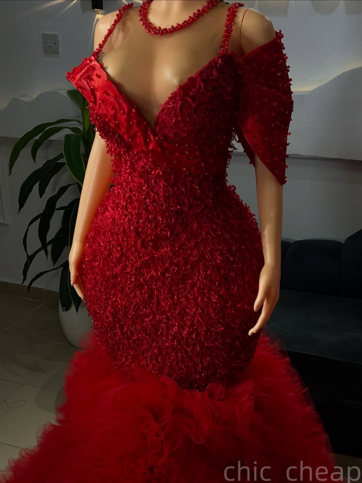 Red Mermaid Prom Dresses 2025 Beaded Sequined Tiers Tulle Sparkly Evening Formal Party Second Birthday Engagement Gowns Plus Size Dress For Special Oc