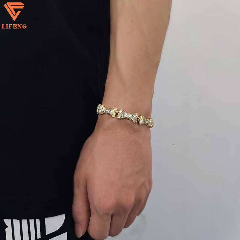 Hot Sales Fashion Jewelry 10mm Width Sier Iced Out VVS Moissanite Cute Dog Bone Shaped Bling Thin Cuban Chain Bracelet Men