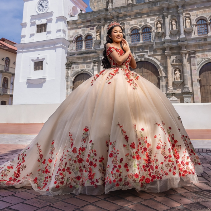 Champagne Quinceanera Dresses Ball Gown Off The Shoulder Applique Lace Tull Corset Party Birthday Sweet 16 Dress Vestidos 15 Anos