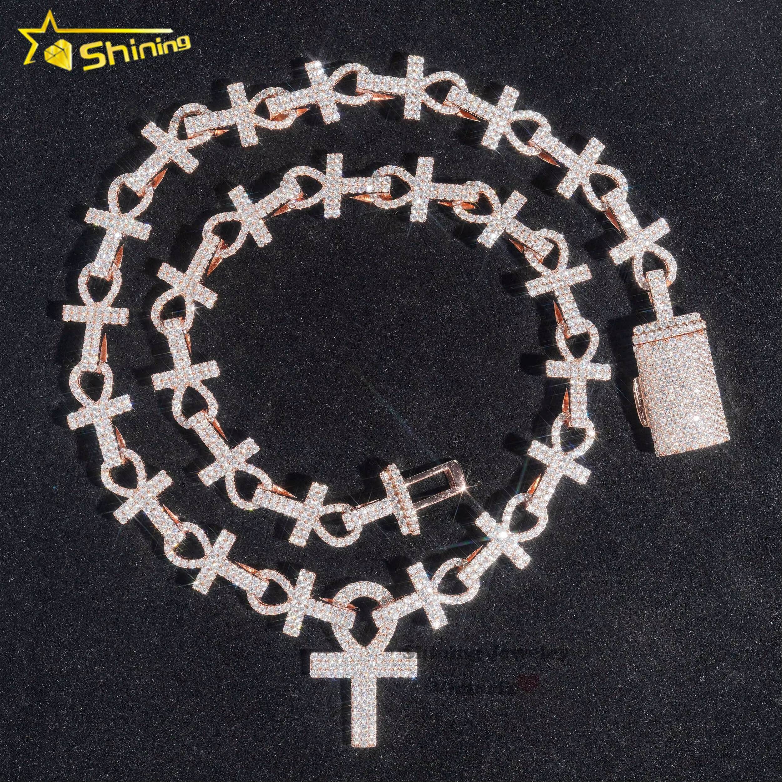 Hip Hop Rock Style Rapper Fashion Jewelry Personalized Custom Ankh Necklace Iced Out Moissanite Cross Pendant Cuban Chain