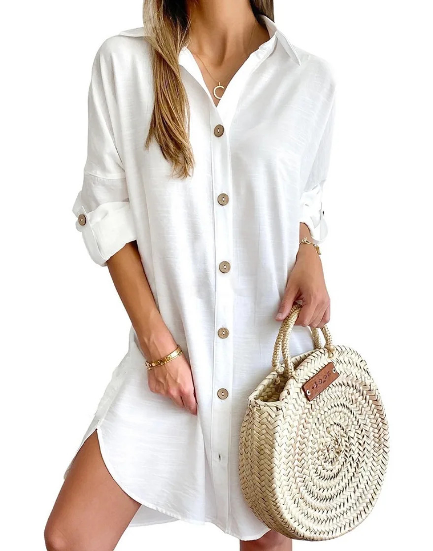 Elegant Womens White Spring and Autumn Casual Long Sleeve Lapel Button Up Shirt Dress Fashionable Woman Loose Mini Dress 250728