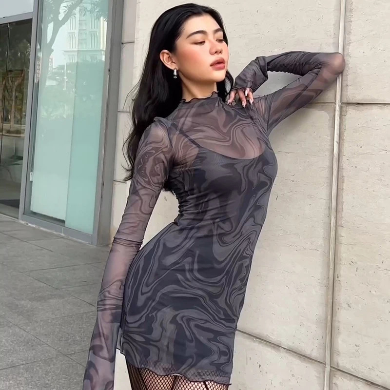 Sexy Dress Women Two Piece Set Mesh See Through Slim Party Strap Mini Fashion Casual Summer Elegant Clubwear Long Sleeves 250728