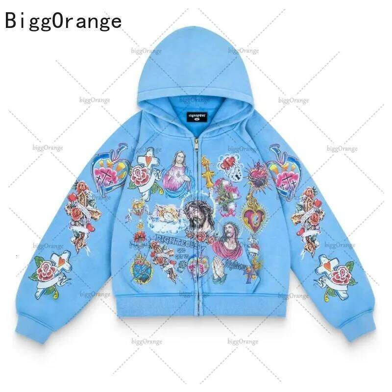 European American Haruku Hip Hop Style Casual Pants Oversized Printed Zipper Hoodie Loose Men And Women Sportswear