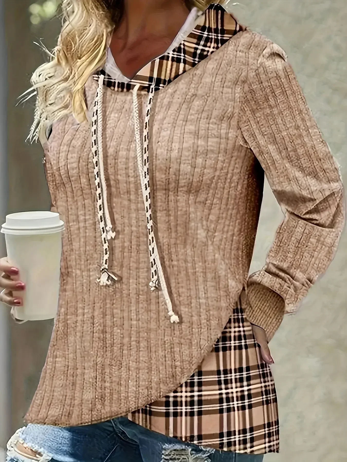 Women Plus Size 1XL5XL Casual Hoodie Sweatshirt Pullover Womens Colorblock Plaid Print Long Sleeve Drawstring Hoodie 250728