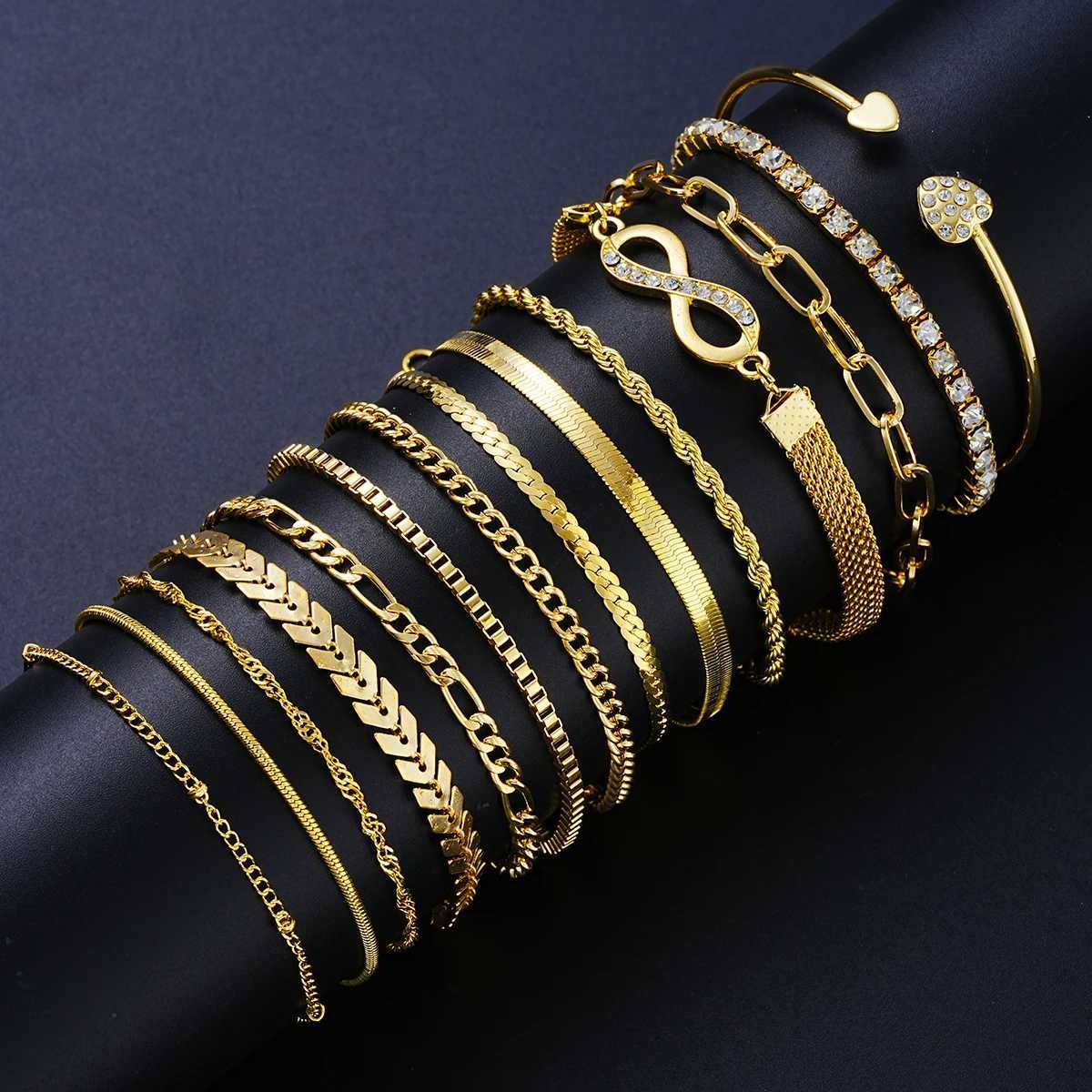 14Pcs/Set Bohemian Multi-layer Chain Bracelets for Women Retro Minimalist Metal Thick Twist Cuban Chain Bracelet Summer Jewelry W250728