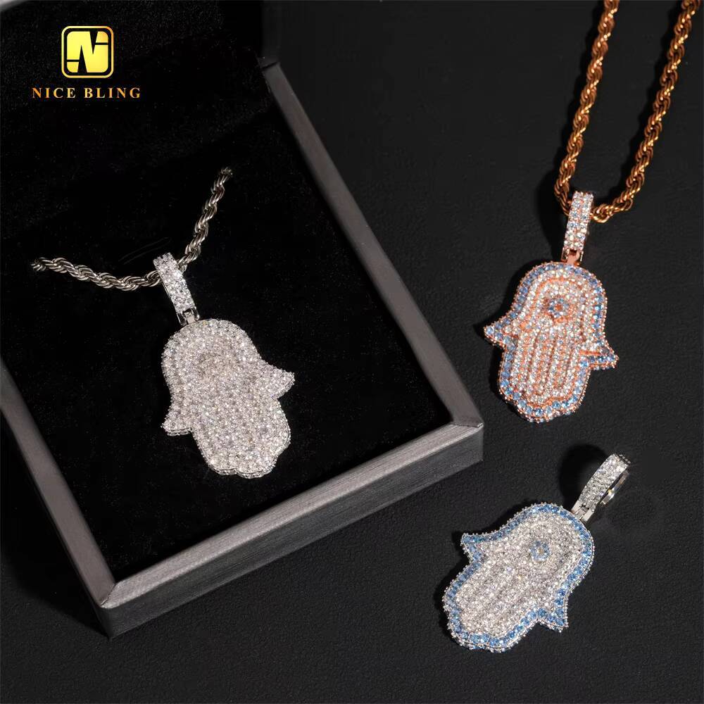 High Quality Ready to Ship Hamsa Charm Fine Hip Hop Jewelry 925 Silver 5A Cubic Zirconia Custom Iced Out Blue Diamond Pendant