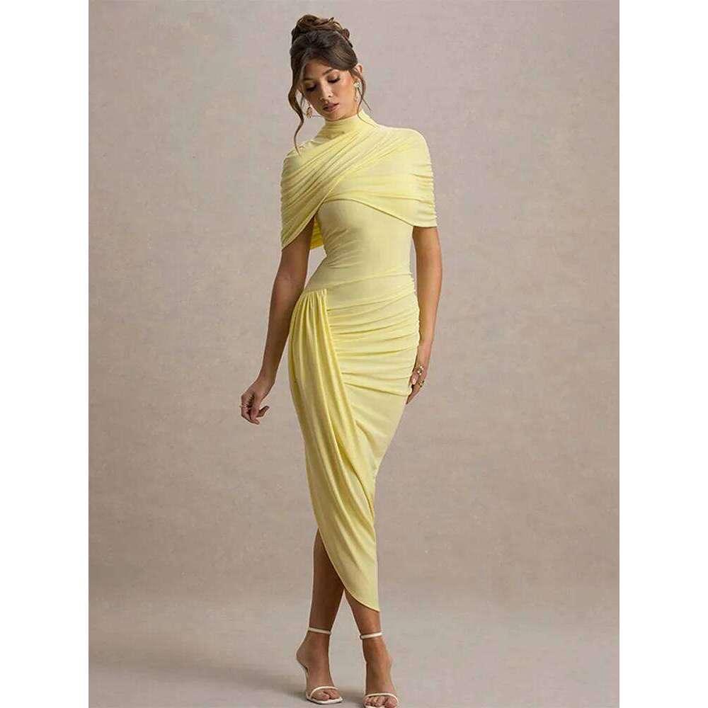 Designer Clothing 2025 Women Solid High Neck Pleated Maxi Slim Fit Waist Cinching Backless Long Dress Lady Summer Elegant Party Vestidos 2025