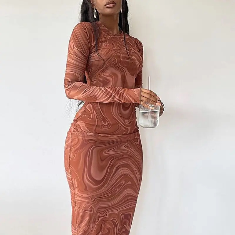 Long Sleeve Bodycon Dresses Women Evening Party Clothes Oneck Mid Calf Sexy for One Piece Outfits Streetwear 250728