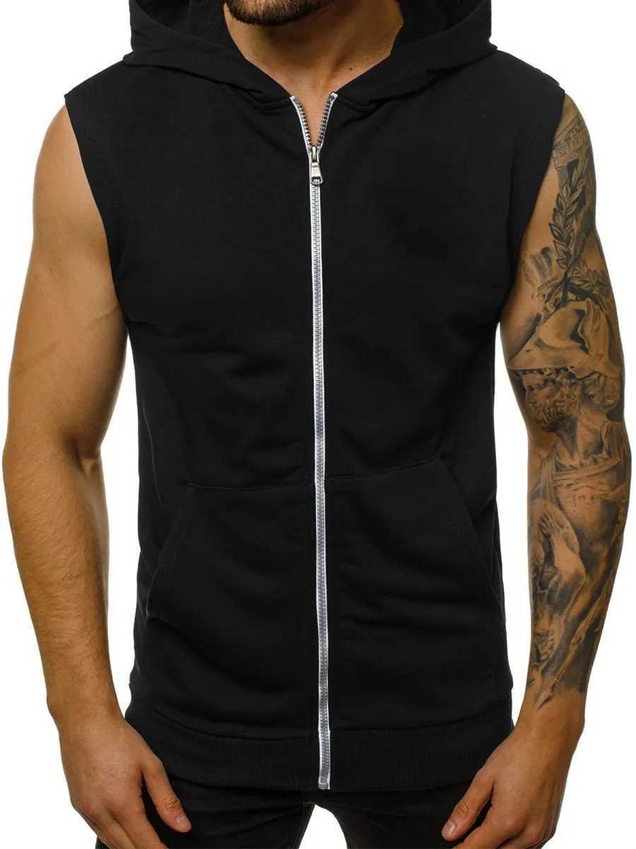 Hot selling mens lace hoodie with open front zipper sleeveless fashionable sports jacket mens clothing W250408