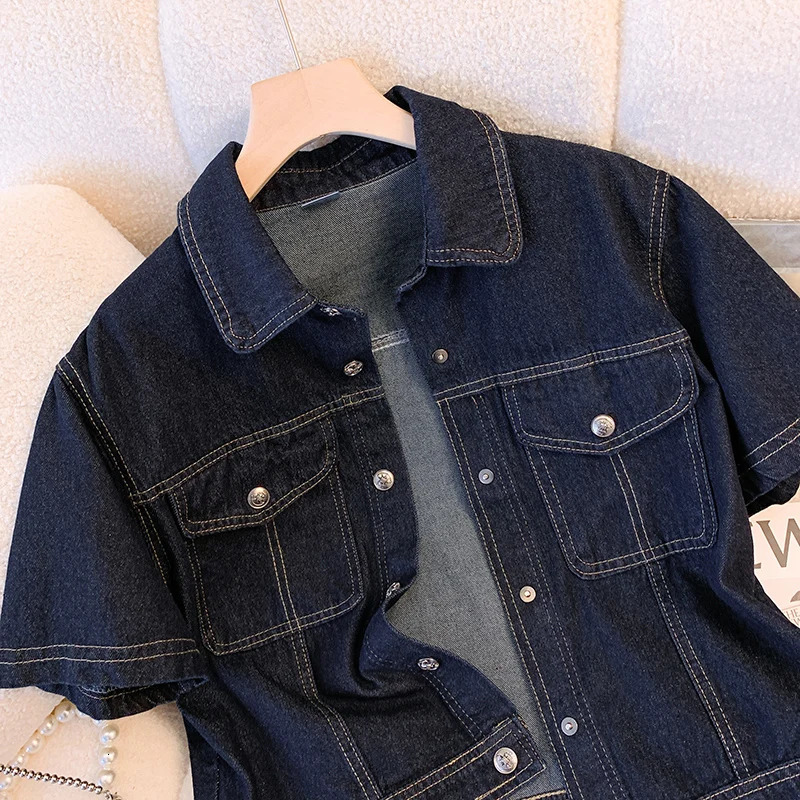 Deep Blue Short Sleeve Denim Jacket For Women Spring/Summer Lapel Single Breasted Korean Loose All-Match Short Casual Top 250728