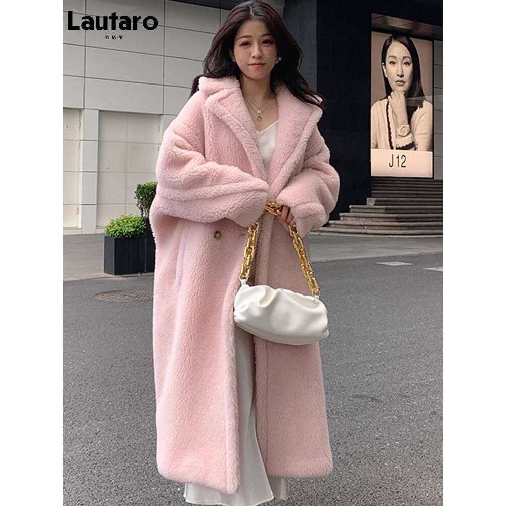 Lautaro Winter Oversized Long Pink Thick Warm Teddy Coat Women Double Breasted Loose Casual Stylish European Faux Fur Overcoat