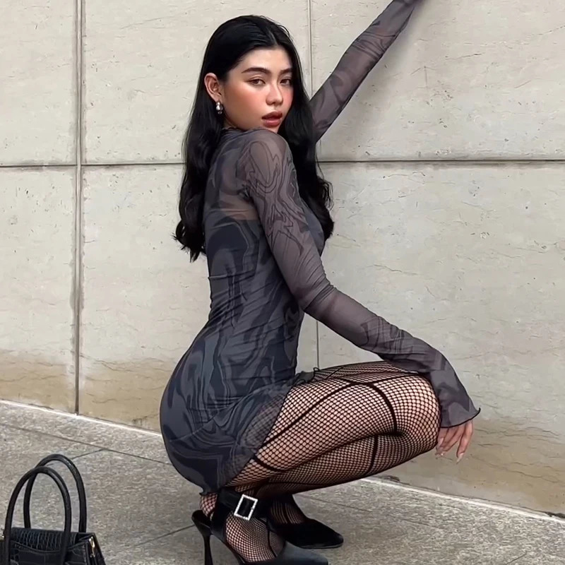 Sexy Dress Women Two Piece Set Mesh See Through Slim Party Strap Mini Fashion Casual Summer Elegant Clubwear Long Sleeves 250728