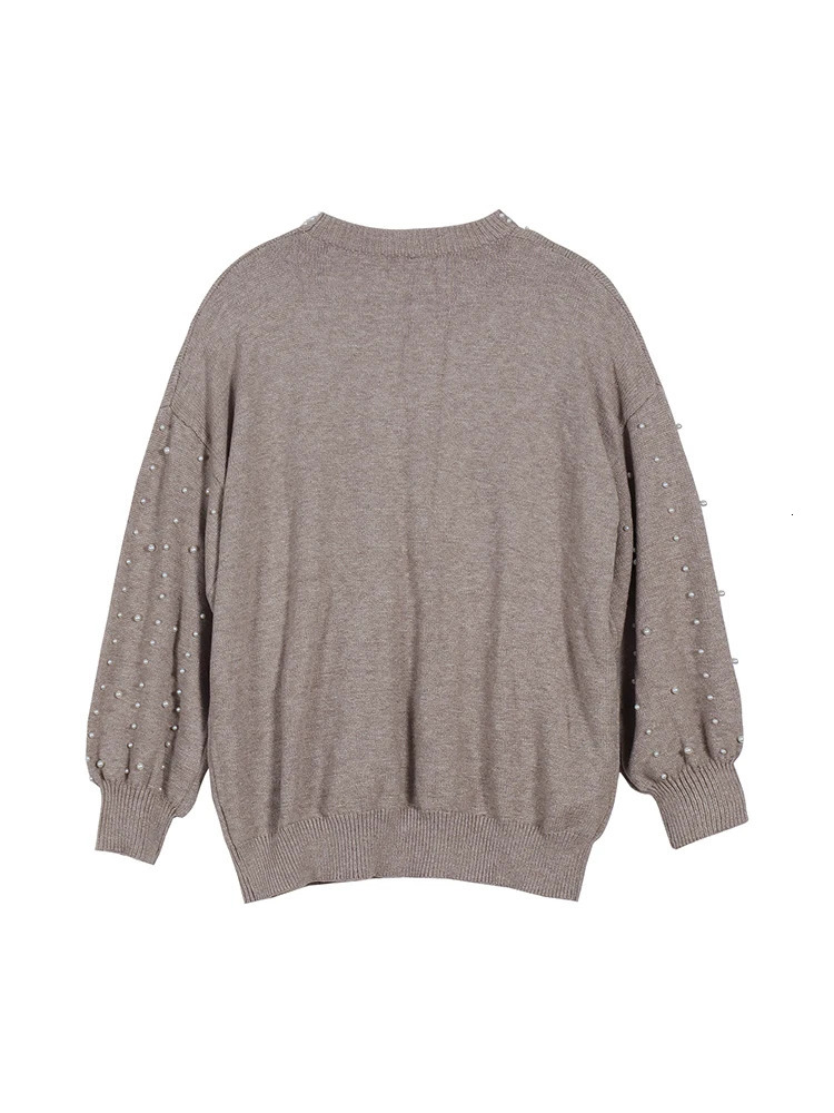 Plus Size Smokey Gray Womens Pearl Dropped Shoulder Crew Neck Sweater Choice for Autumn and Winter 250728