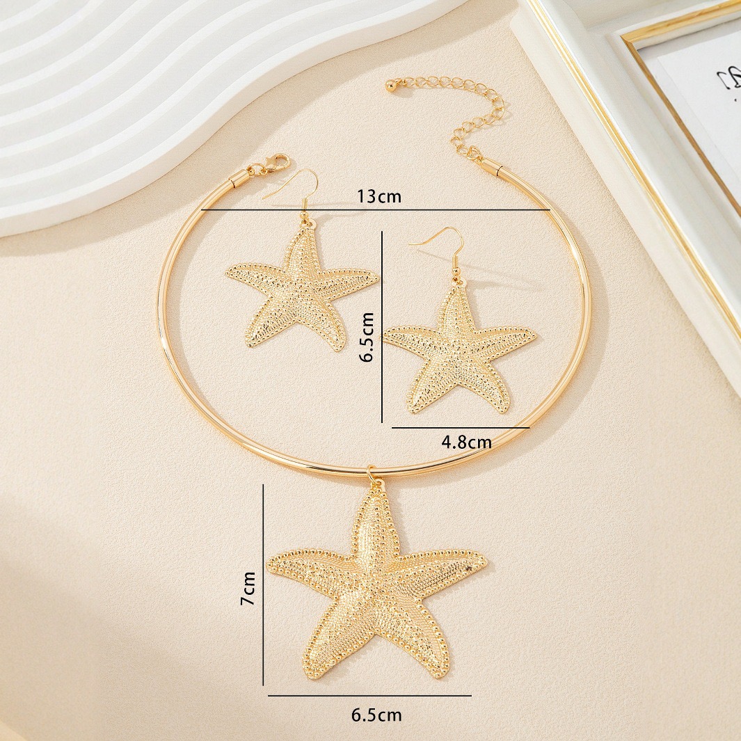 Beach resort style starfish pendant earrings necklace set for women, exaggerated fashionable trend collarbone chain